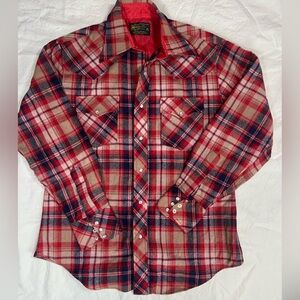 Vintage K Mart Plaid Flannel Shirt Jacket Men’s M Red Snap Button USA